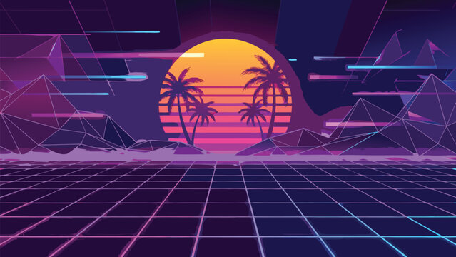 Retro 80s Synthwave Background with Neon Sun, Palm Trees, and Grid Floor; Abstract Vaporwave Digital Landscape with Wireframe Mountains and Futuristic Glow in Vibrant Pink, Purple, and Blue Tones.