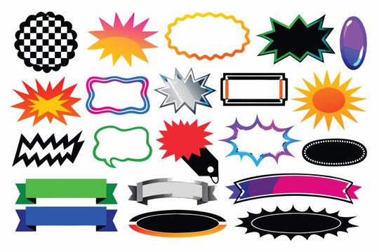 Neo-geometric abstract shapes and Brutalist scalloped stickers. Acid Graphics jagged badges, Y2K starbursts, colorful banners, ribbons, and speech bubbles for retro-futuristic design elements.