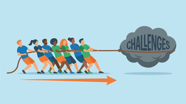 Diverse Team Pulling a Rope in a Tug of War Against a Large Cloud Labeled Challenges, Overcoming Obstacles and Problem Solving Concept, Flat Vector Illustration of Business Collaboration and Unity.