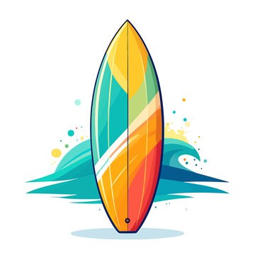Colorful surfboard on the beach.