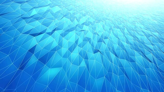 Abstract geometric low poly surface moving and undulating with blue light and white grid lines, futuristic digital motion background.