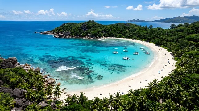 Aerial view of Anse Petit beach in Praslin Island, Seychelles.