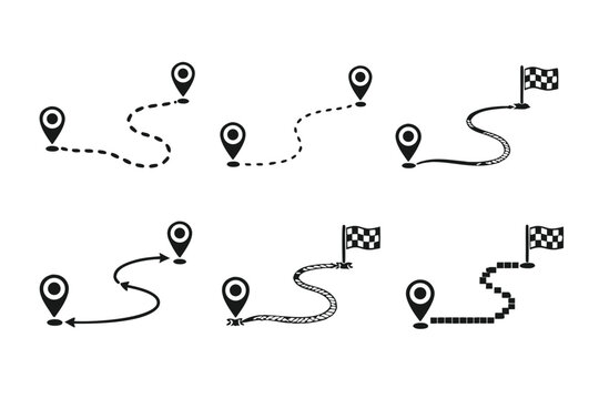 Set of six black vector path icons with various styles including dashed, dotted, hand-drawn sketch, and pixelated lines connecting map pins and finish flags for navigation and travel design.