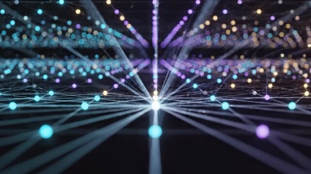 Abstract digital network of glowing light points and lines creating a futuristic technological grid pattern