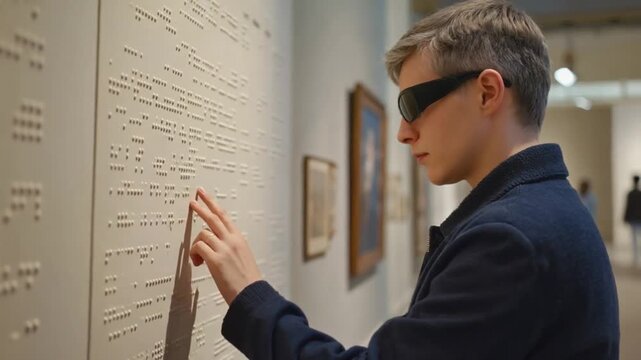 Blind person reading a Braille panel in a museum.