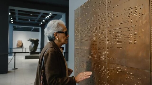 Blind person reading a Braille panel in a museum.