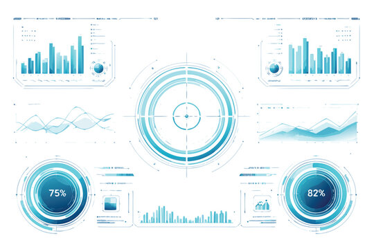 Futuristic digital head-up display HUD interface featuring data scan elements, bar charts, system tracking line graphs, circular progress indicators, and sci-fi UI dashboard vector illustration.