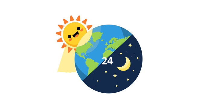 Cute cartoon sun shining on Earth, illustrating day and night cycle with 24 hour concept, digital illustration
