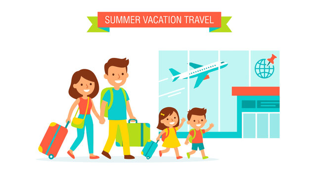 Happy Family Traveling for Summer Vacation to the Airport with Luggage