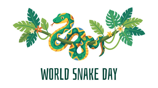 Premium Flat Vector Illustration of World Snake Day with Green Snake on Tree Branch