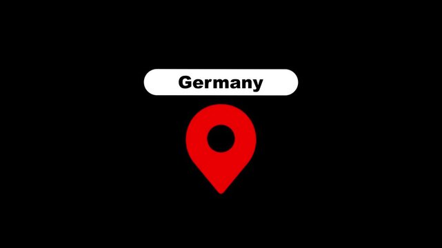 Germany location pin animation, travel map marker destination pointer for travel vlogs and geographic presentations, isolated on black background.