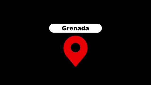 Grenada location pin animation on black background, travel destination map marker