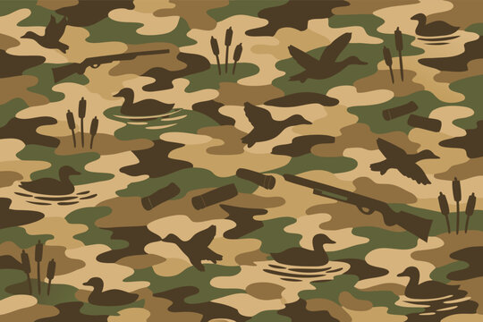 Seamless Duck Hunting Camouflage Pattern Vector Illustration with Flying and Swimming Mallards, Shotguns, Shells, and Cattails in Earthy Green and Brown Tones for Outdoor Apparel and Gear