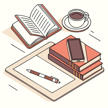 study desk setup with books tablet and coffee illustration