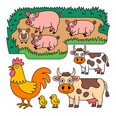 Fototapeta premium Cute cartoon farm animals set with cow pig rooster and chick, domestic livestock vector illustration