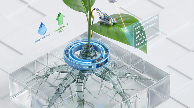 Smart AgriTech Plant Health Diagnosis and Leaf Sensor Monitoring Isometric Illustration