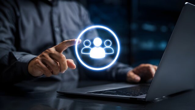 Target audience segment concept with person touching glowing customer group icon