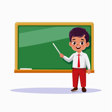 Boy pointing at a blackboard with a pointer stick