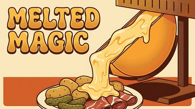 Vector illustration of raclette cheese melting, text &ldquo;Melted Magic&rdquo;