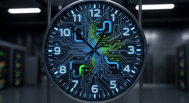 Close-up shot of a futuristic circuit board clock in a dark room with blurred background