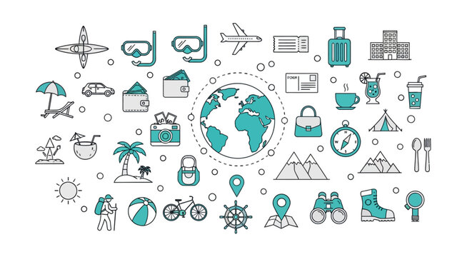 Travel icons, tourism symbols, globe graphics, 30 teal and grey vector travel-related signs