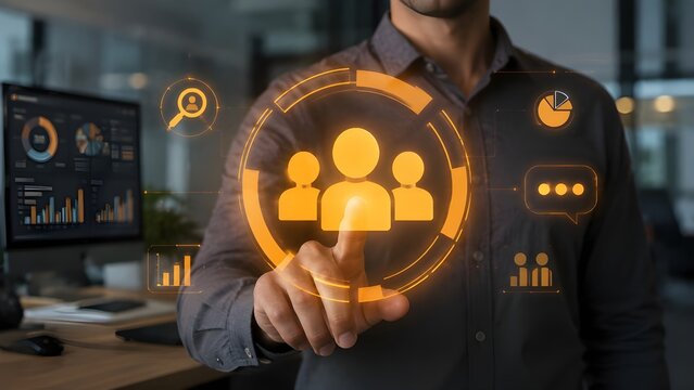 Businessman touching orange team group icon inside abstract technical circle interface for group collaboration and community network
