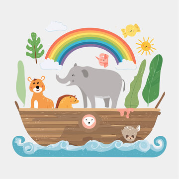 Noah's Ark with Animals and Rainbow