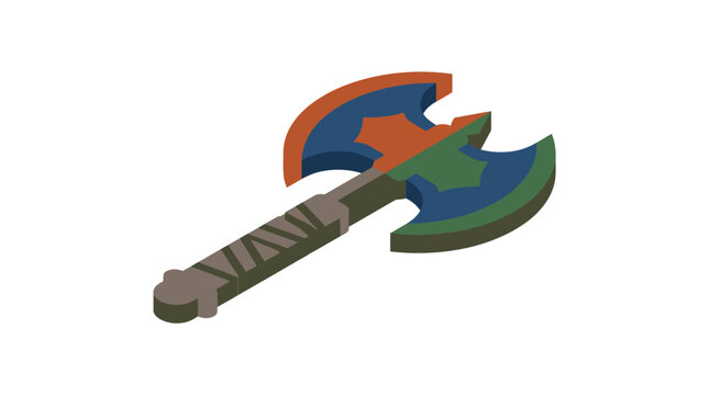 3d medieval style battle axe icon with vibrant multicolor blades and detailed textured wooden handle isolated on white background for gaming or fantasy design