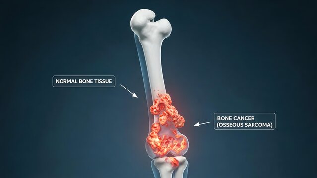 Bone Cancer (Osseous Sarcoma) 3D Medical Illustration, Labeled Diagram of the Human Femur Showing Normal Bone Tissue and Malignant Cancerous Growths, Educational Visualization for Oncology, Orthopedic