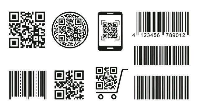 Digital Identification Symbols: A collection of modern digital identification symbols, including various QR codes and barcode formats.