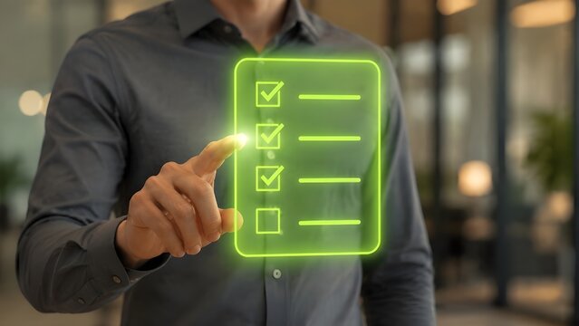 Man hand checking completed tasks on virtual green checklist hologram for project management