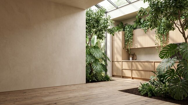 Modern minimalist kitchen interior with wooden cabinets and indoor plants in a sunlit atrium