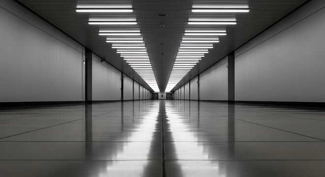 A long empty corridor with fluorescent lights and shiny floor in a modern building