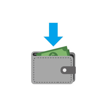 Blue arrow pointing into grey wallet with green money