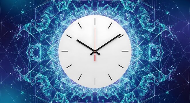 Closeup of a white clock on a blue background with a geometric pattern design