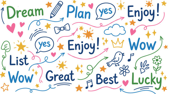 Motivational doodle typography collection with colorful inspirational words stars arrows hearts and playful hand drawn decorative elements