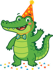 Fototapeta premium Happy cartoon crocodile wearing party hat and bow tie isolated on transparent background, Vector, illustration