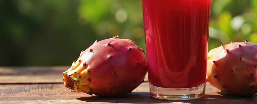 Red prickly pear fruits and juice on wood table in bright sunlight. Refreshing drink made from cactus fruit. Healthy natural beverage for summer.