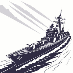 navy warship illustration with smoke trails on the water © rrr