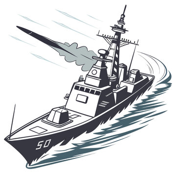 military destroyer ship illustration with missile launch gray and white