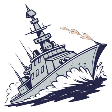 navy destroyer ship vector illustration with water splash