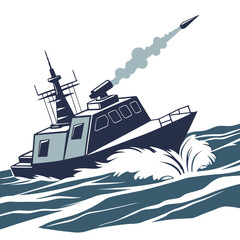 navy warship launching missile stylized illustration on white background © rrr