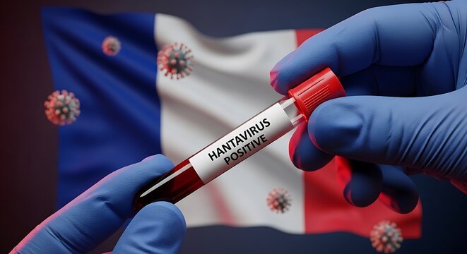 Hantavirus Positive Blood Test Tube in Gloved Hand with French Flag