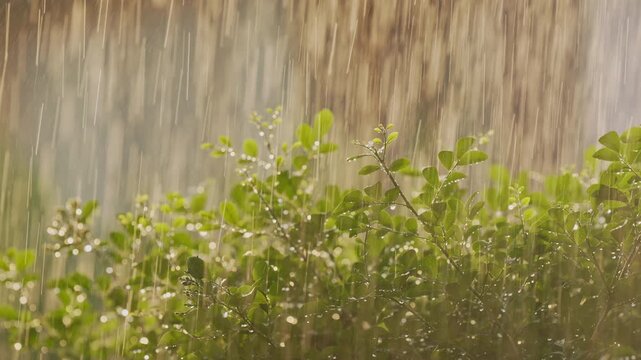 Close up golden hour sun shower rain droplets on lush green leaves creating small bokeh, falling rain hitting shrub, wet fresh foliage with blurred residential background