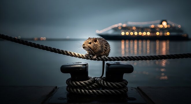 Muskrats on dock ropes at sunset waterfront scene with cruise ship
