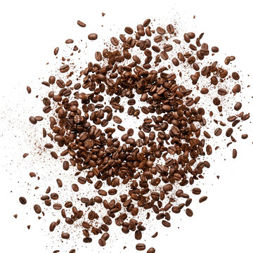 Explosion of roasted coffee beans and grounds scattering against a clean white background