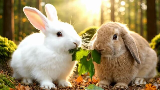 A white rabbit and a brown lop-eared rabbit peacefully eat fresh green leaves together in a warm sunlit autumn forest