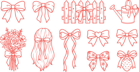 Romantic collection of bows fence watering can flowers jellyfish bouquet decorative elements. © Sadhin