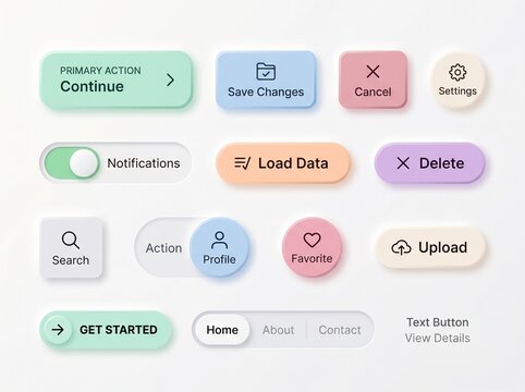 Minimalist Soft UI Button Collection, Pastel Neumorphism Interface Elements