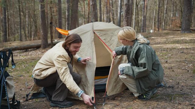 Travel companions preparing camping tent in woodland area. Caucasian man and blonde woman organizing temporary shelter outdoors. Hikers building campsite during active forest expedition adventure.